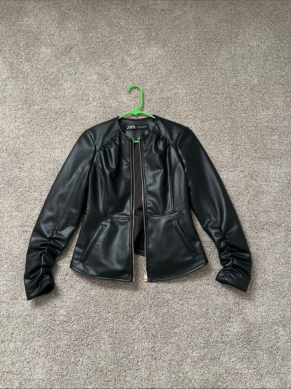 Zara Black Faux Leather Collarless Zip Jacket